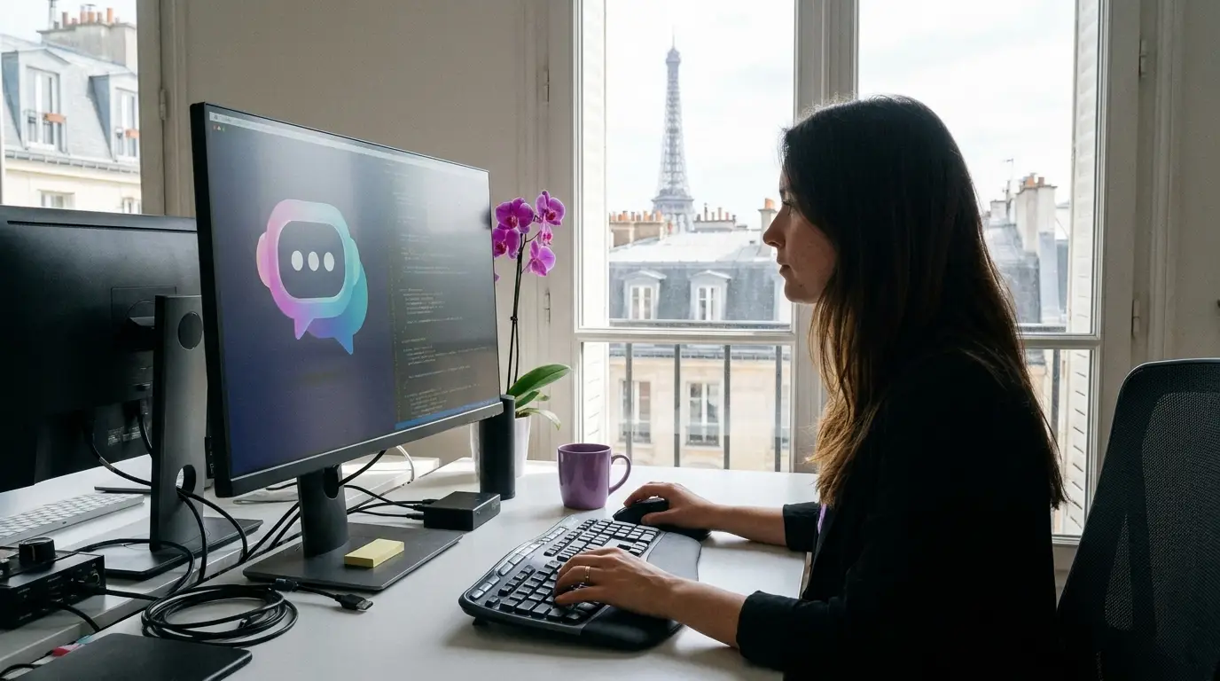 Poste de travail relié à un agent conversationnel IA à Paris.