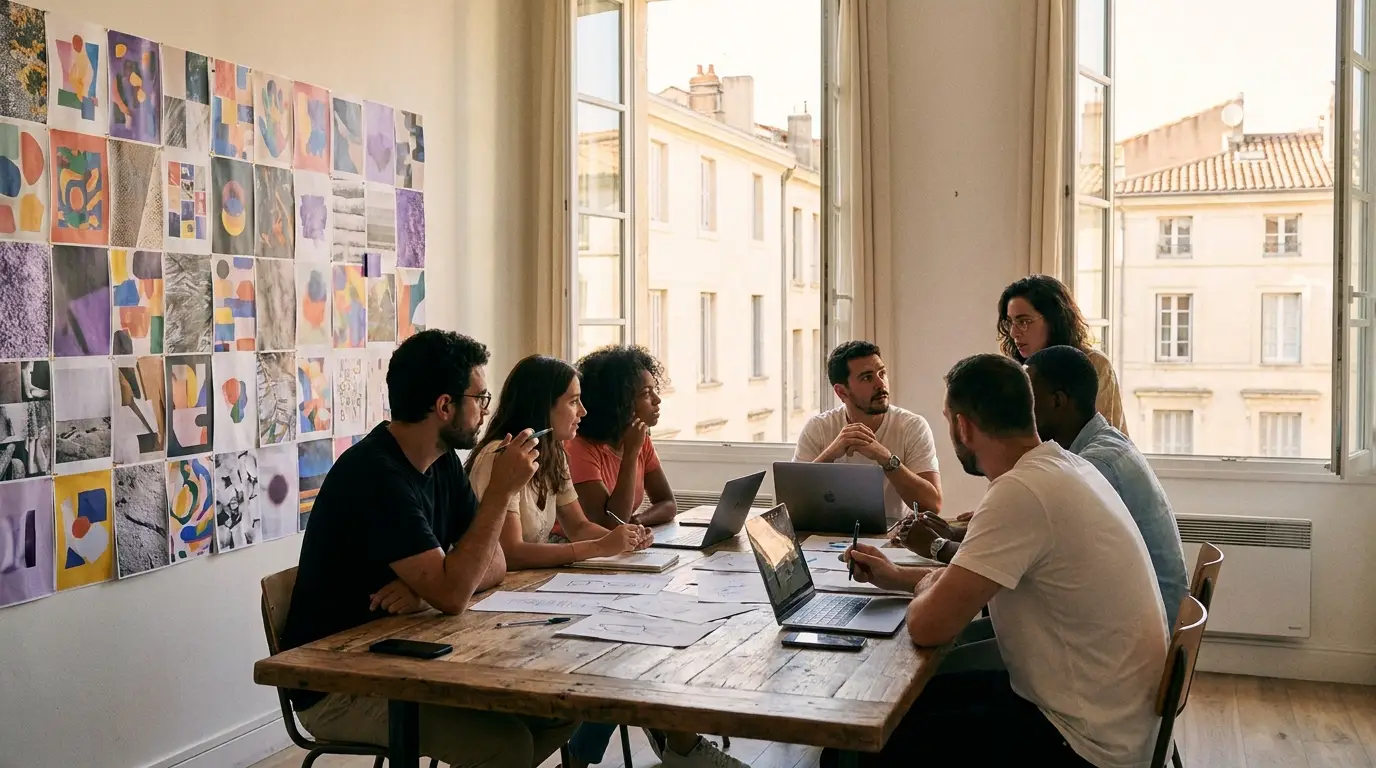 Réunion créative en agence de publicité à Montpellier.
