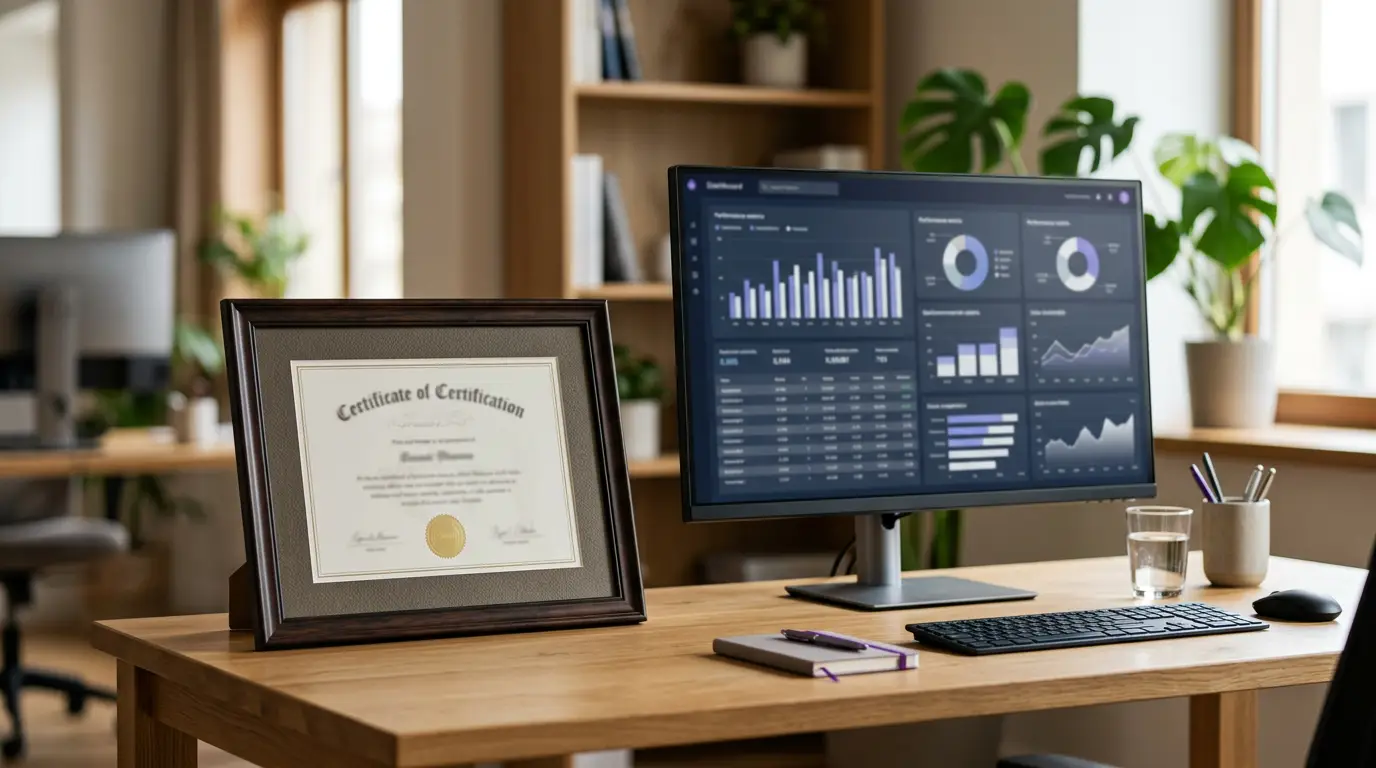 Certification d'agence Google Ads affichée dans un bureau de consultant.