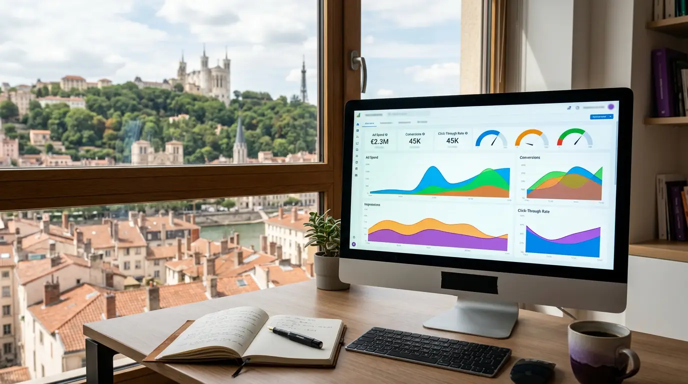 Suivi de campagne Google Ads depuis un bureau lyonnais.