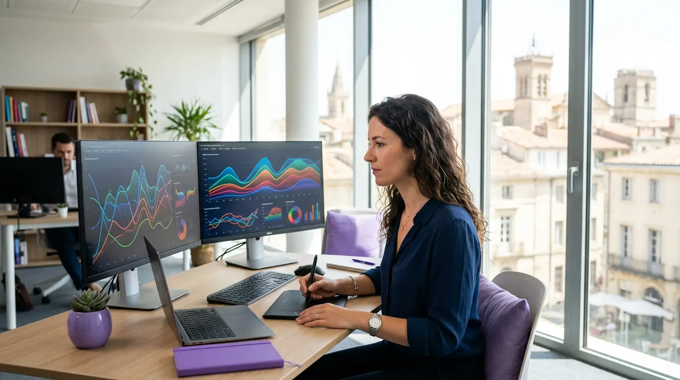 Analyse de campagnes publicitaires sur double écran à Montpellier.