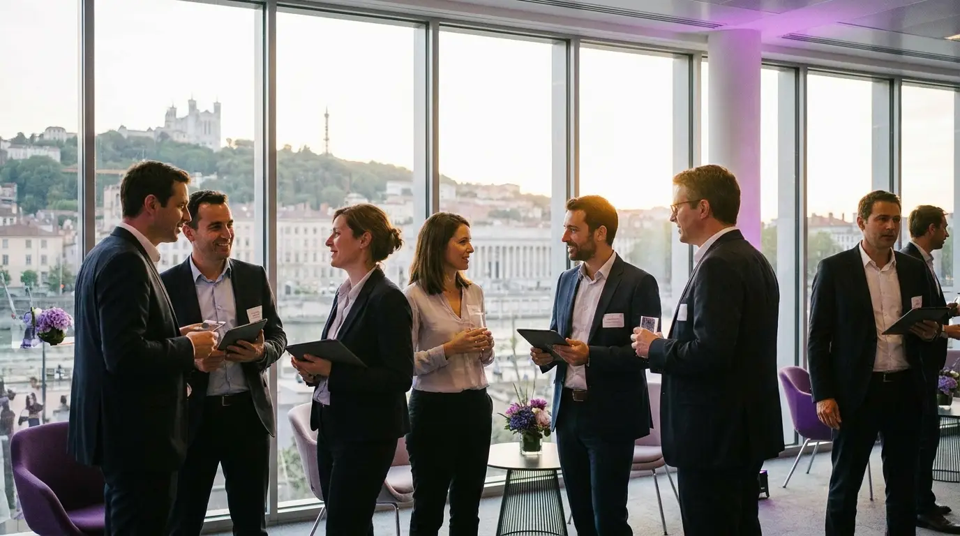 Échanges professionnels lors d'un événement B2B à Lyon.