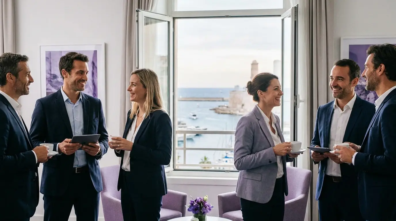 Échanges professionnels lors d'un événement B2B à Marseille.