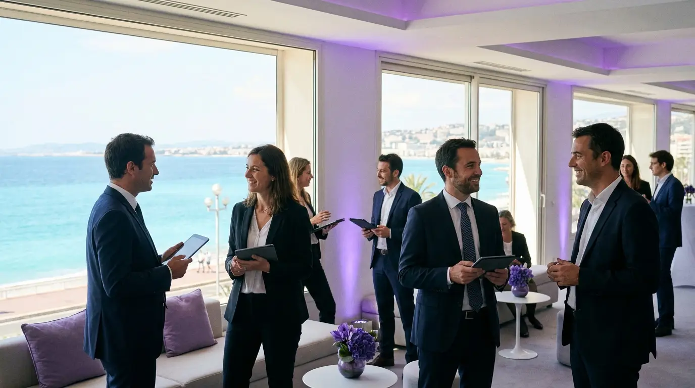 Échanges professionnels lors d'un événement B2B à Nice.