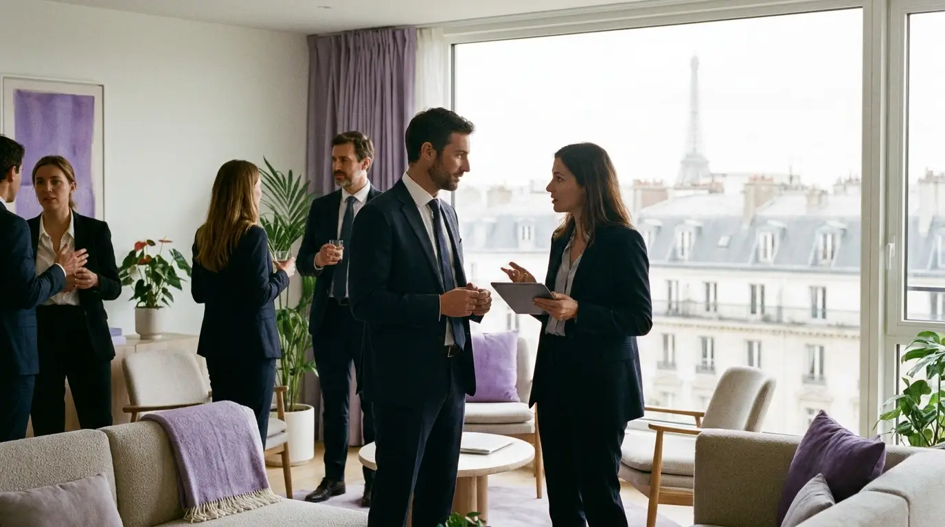 Échanges professionnels lors d'un événement B2B à Paris.