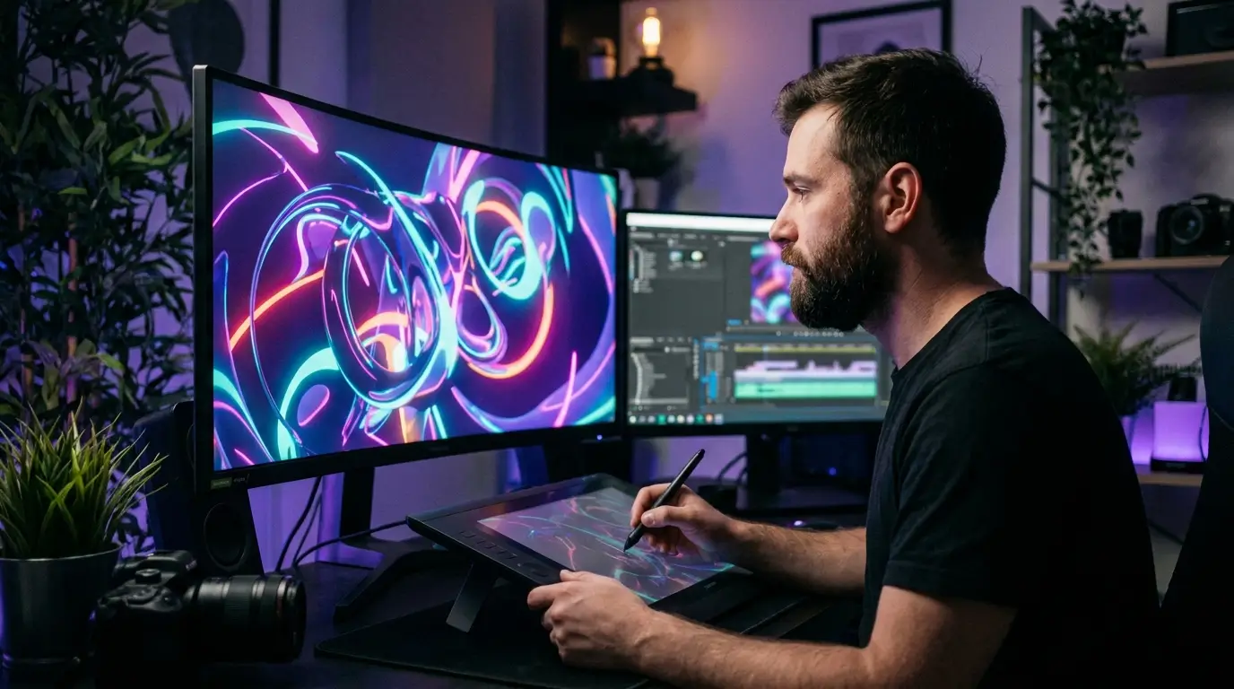 Motion designer créant une animation sur écran.