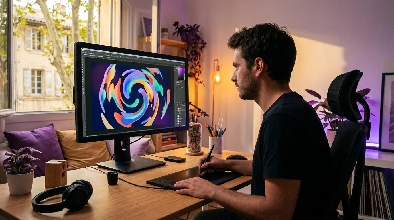 Motion designer créant une animation sur écran à Aix-en-Provence.