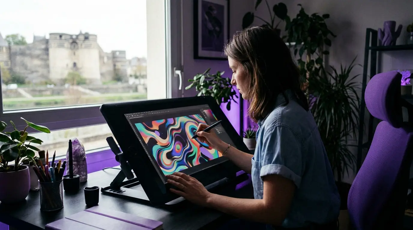Motion designer créant une animation sur écran à Angers.