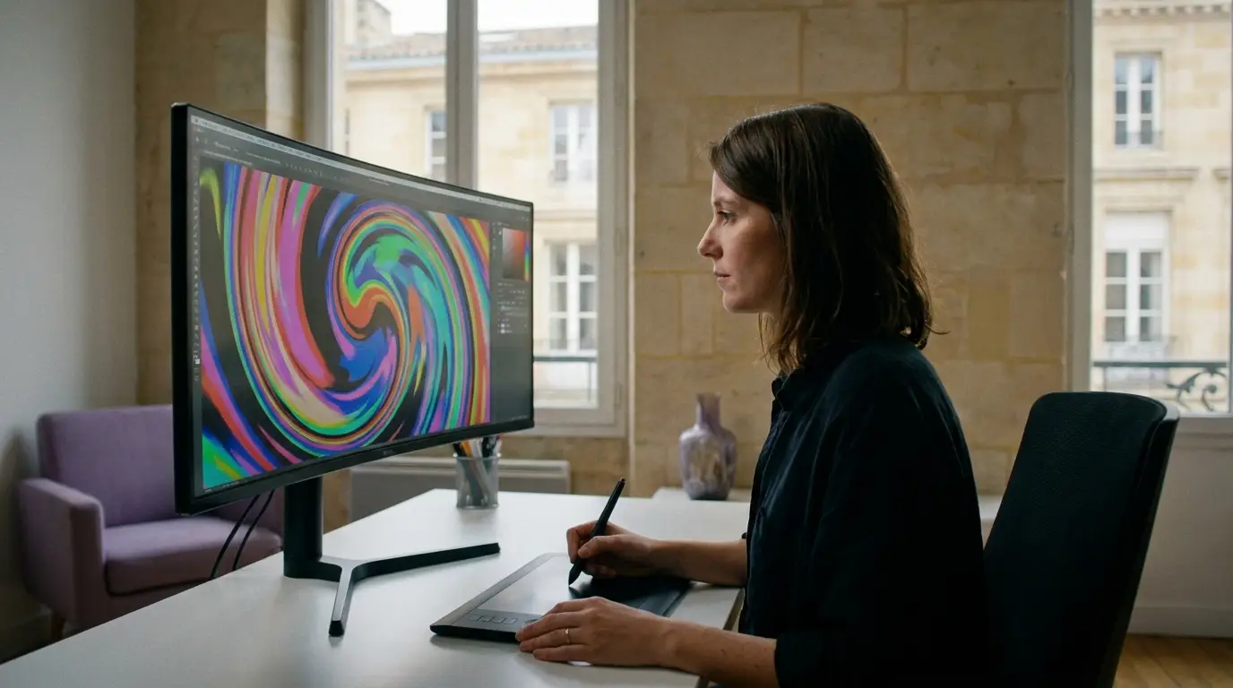 Motion designer créant une animation sur écran à Bordeaux.