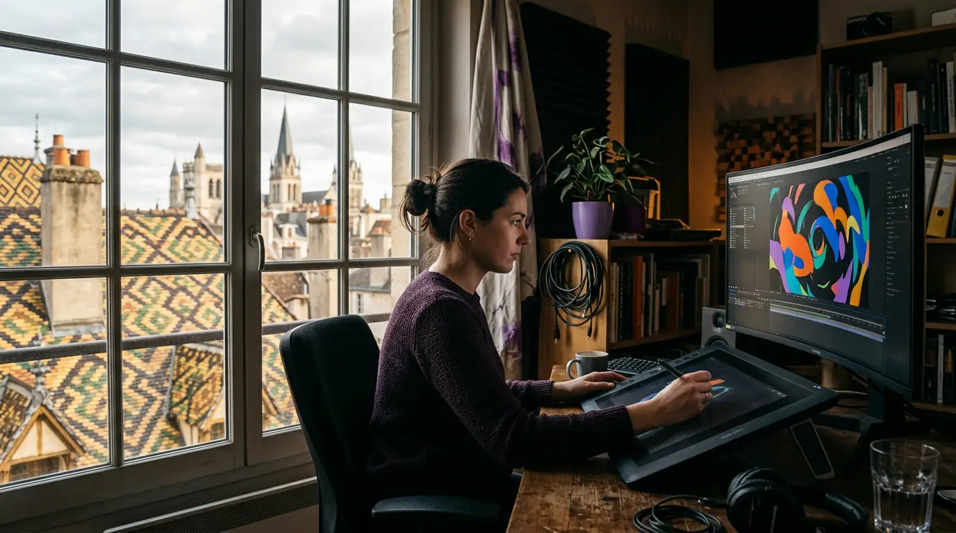 Motion designer créant une animation sur écran à Dijon.