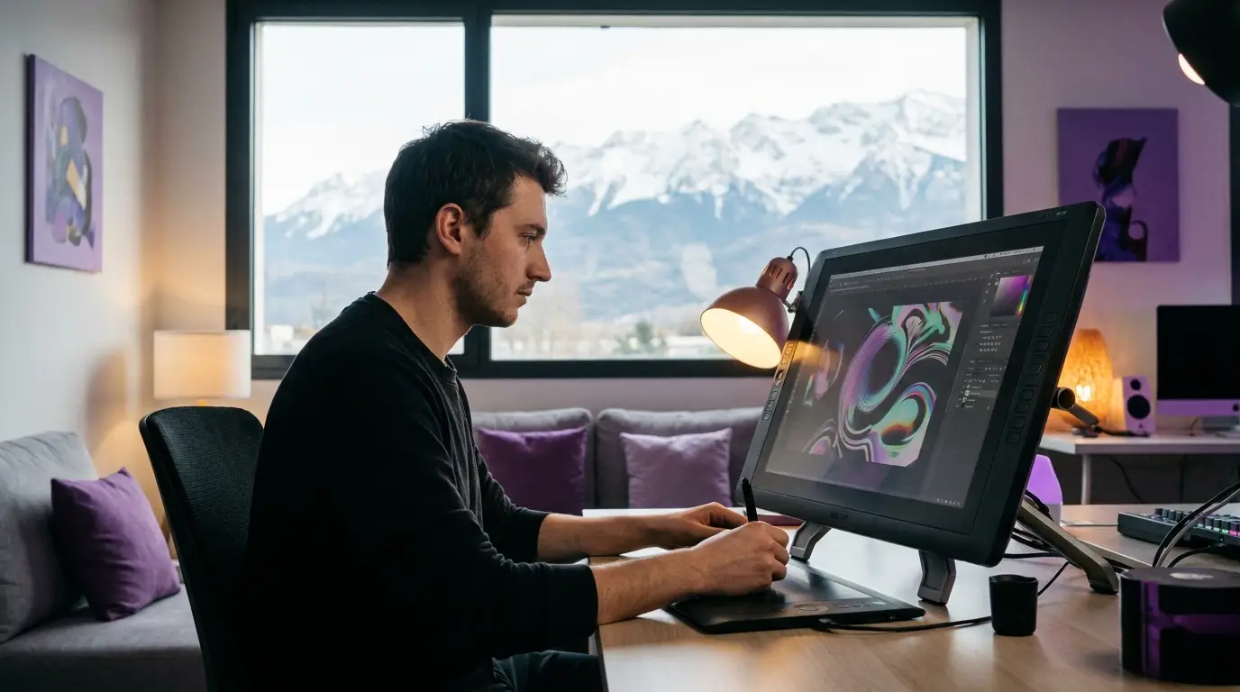 Motion designer créant une animation sur écran à Grenoble.