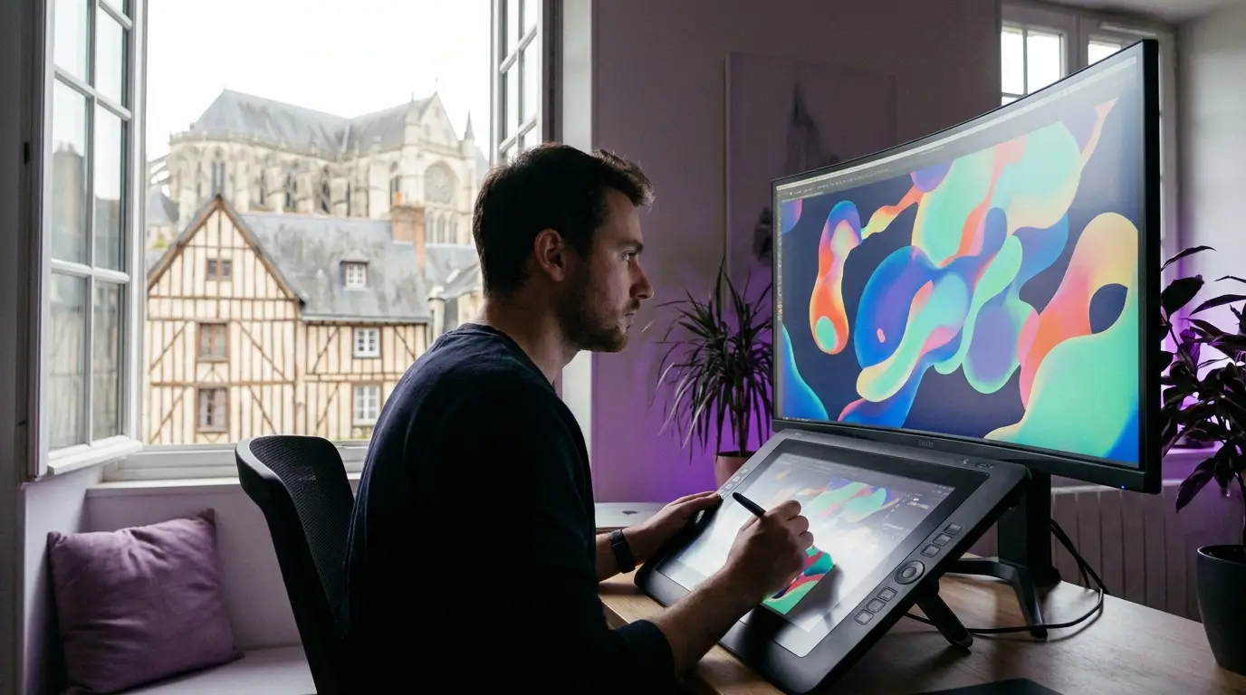 Motion designer créant une animation sur écran à Le Mans.