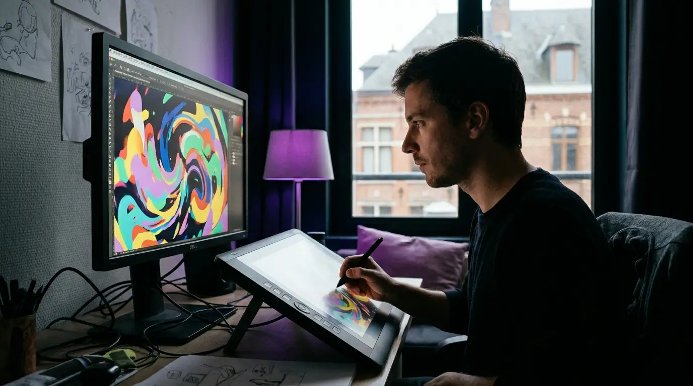 Motion designer créant une animation sur écran à Lille.