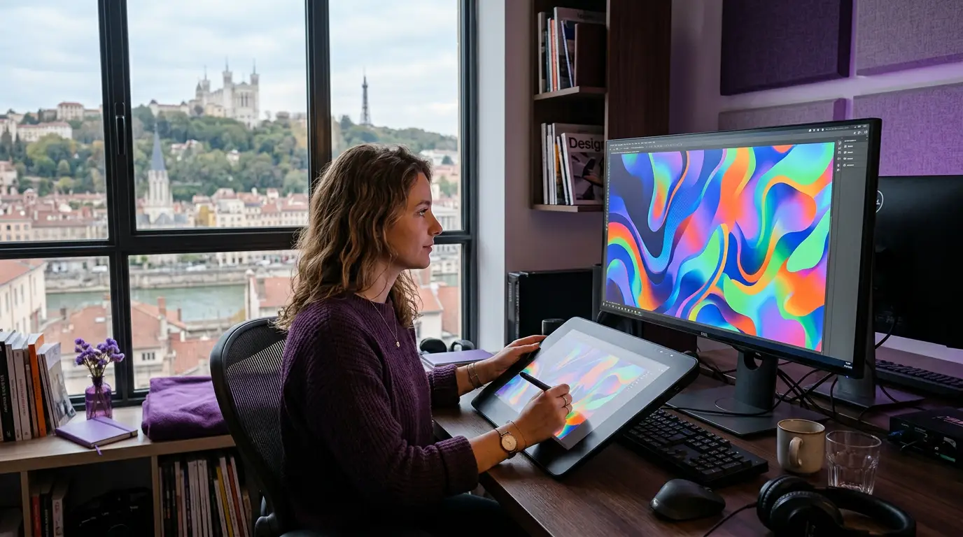 Motion designer créant une animation sur écran à Lyon.