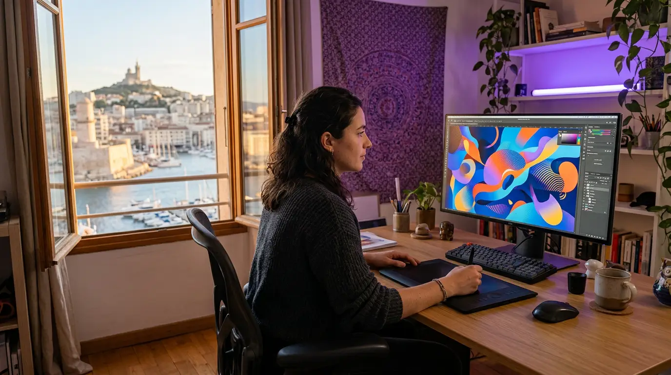 Motion designer créant une animation sur écran à Marseille.