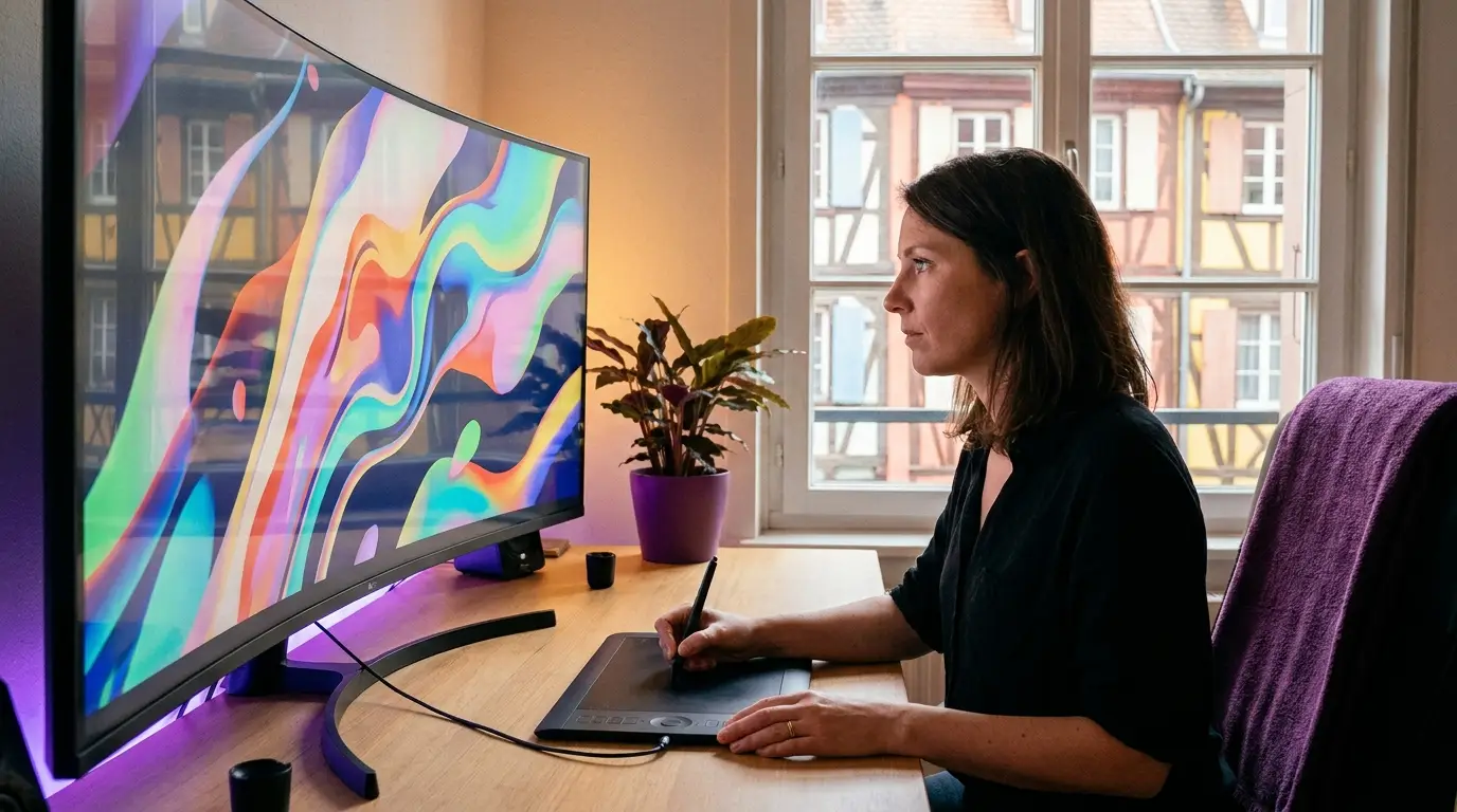 Motion designer créant une animation sur écran à Mulhouse.
