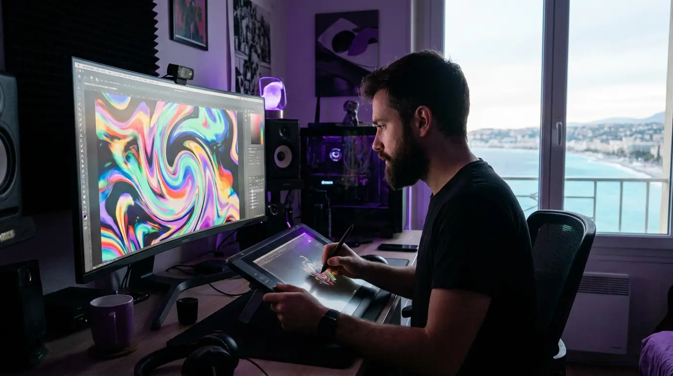 Motion designer créant une animation sur écran à Nice.