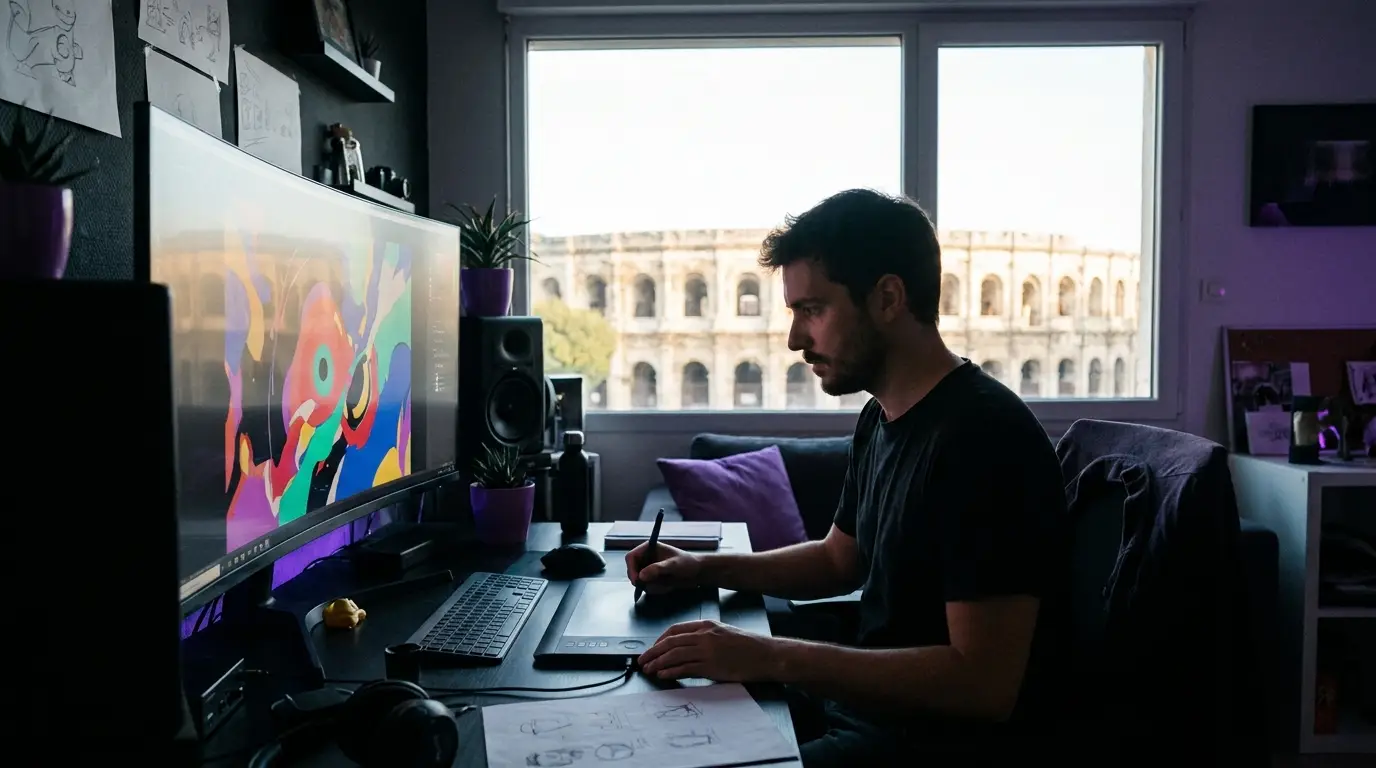 Motion designer créant une animation sur écran à Nîmes.