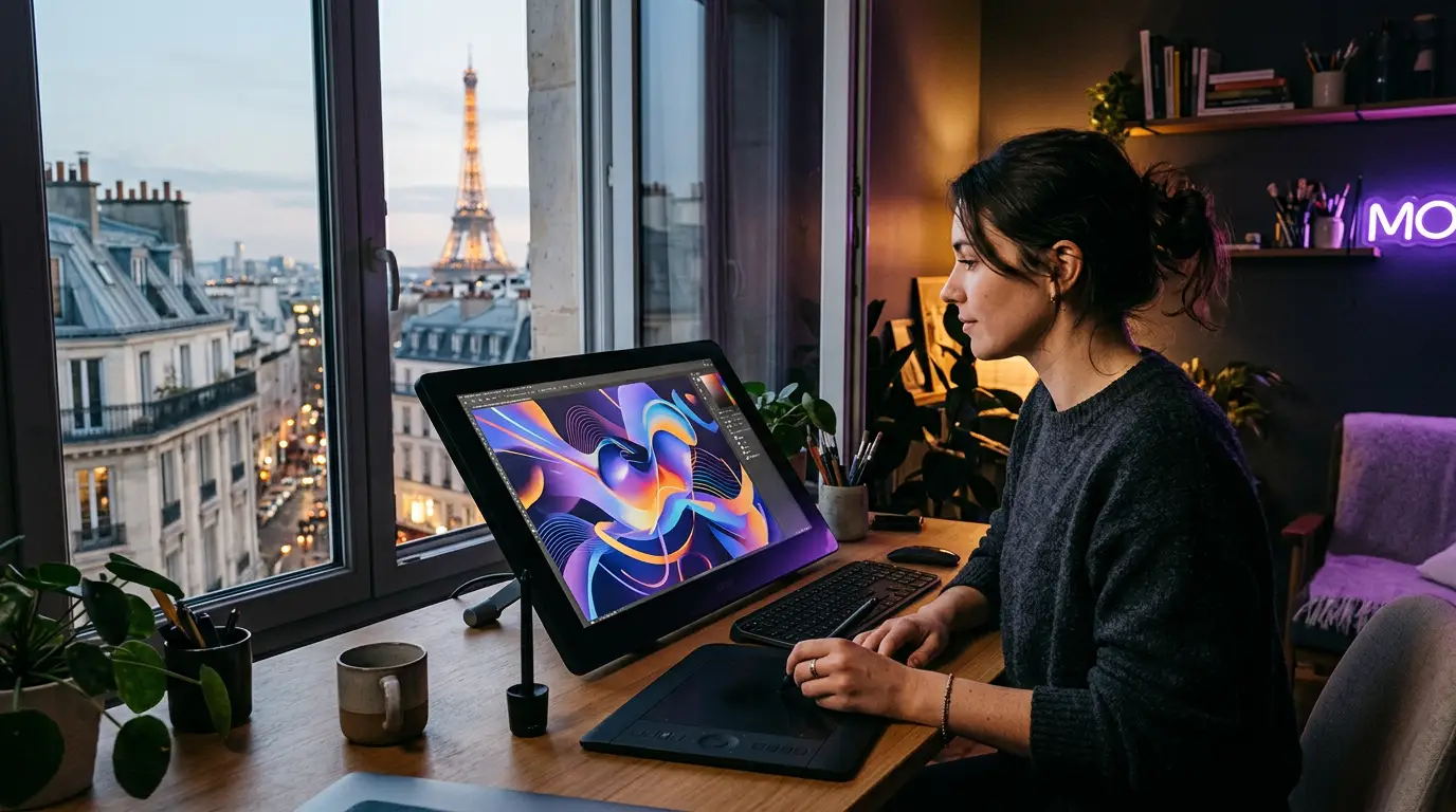 Motion designer créant une animation sur écran à Paris.