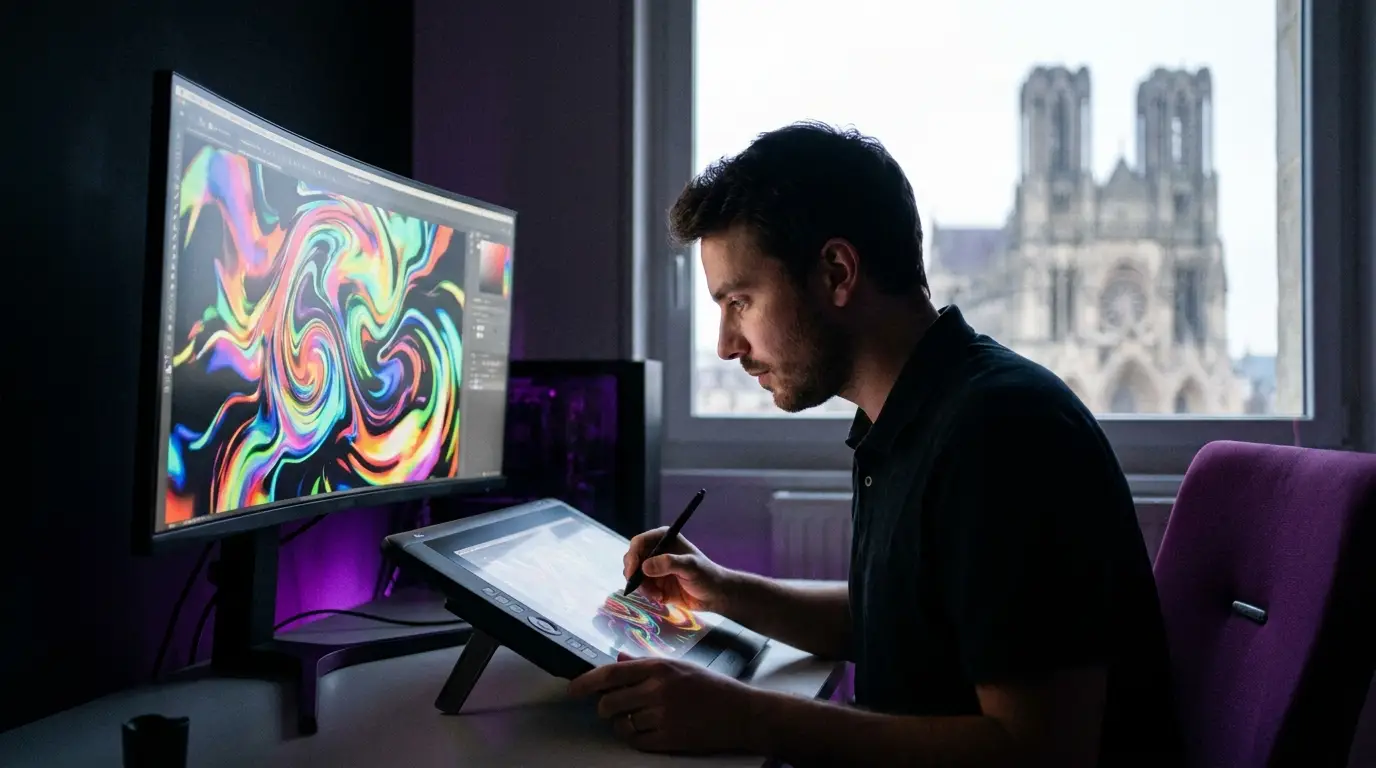 Motion designer créant une animation sur écran à Reims.