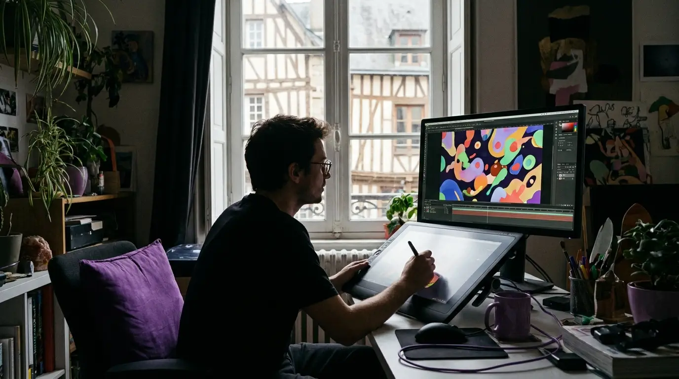 Motion designer créant une animation sur écran à Rennes.