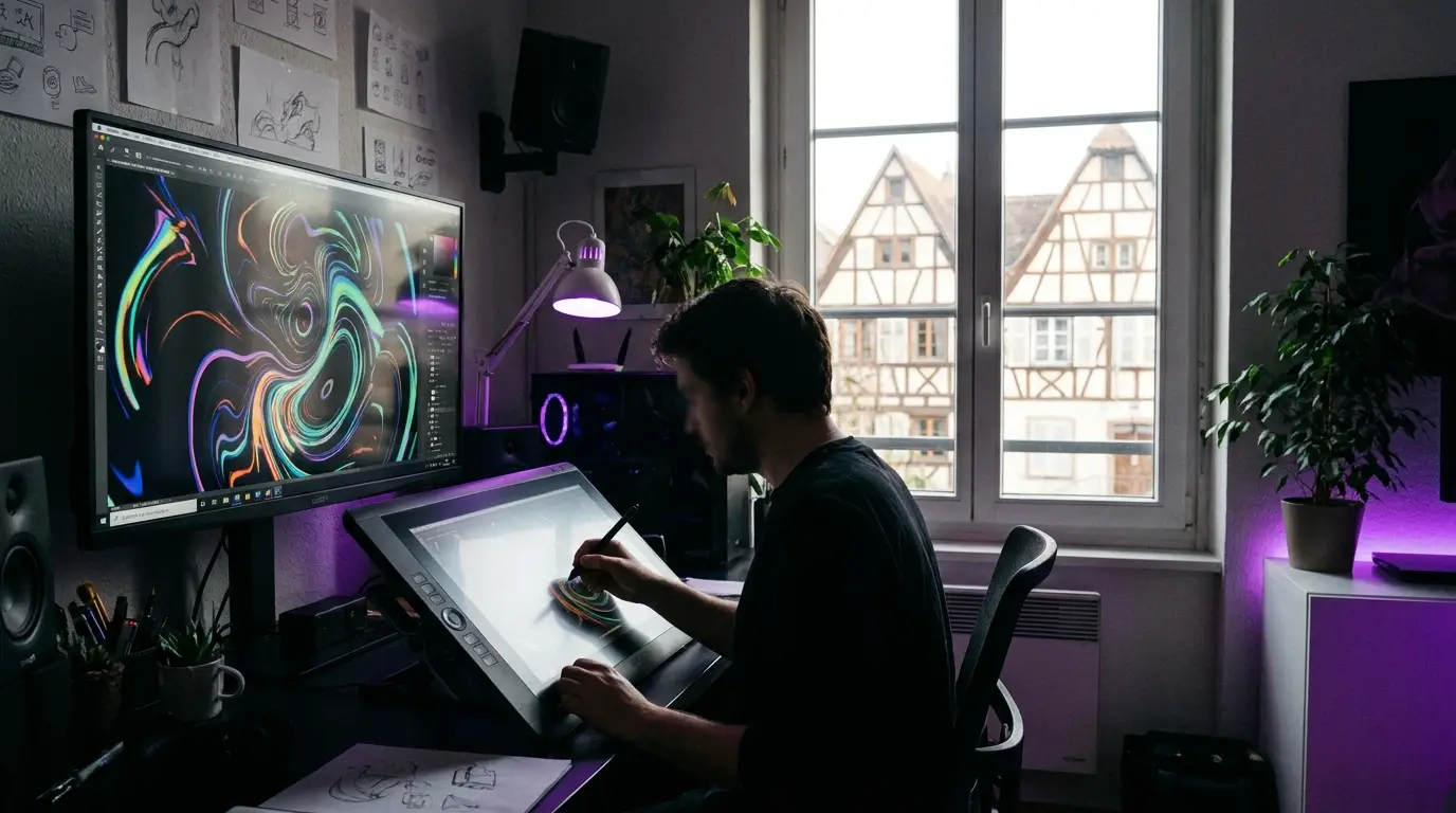 Motion designer créant une animation sur écran à Strasbourg.