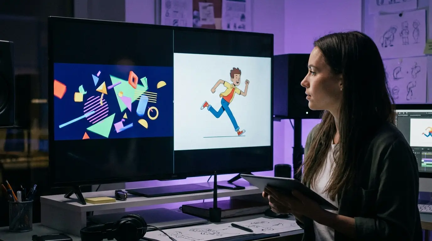Comparaison entre motion design et animation classique sur écran partagé.